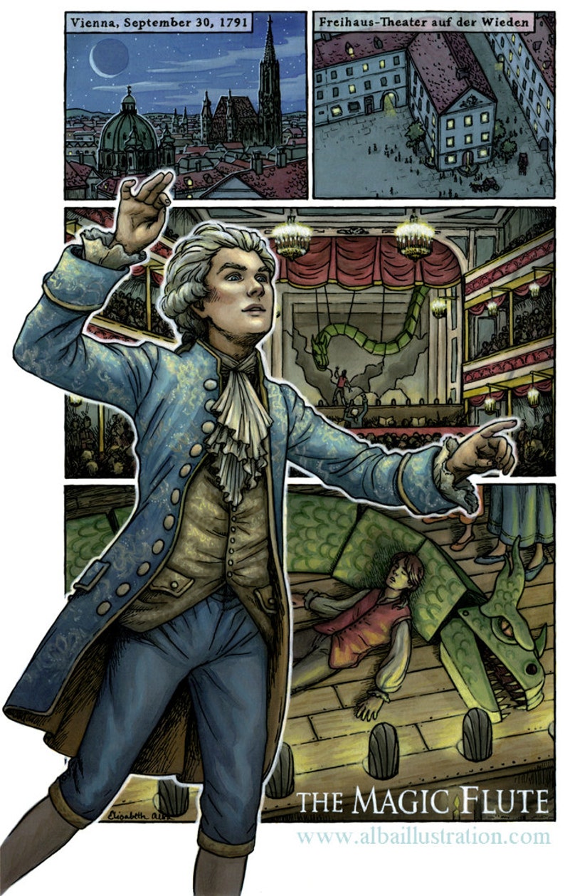 May include: Comic illustration from "The Magic Flute" opera. A man in a blue coat gestures on a stage with a green dragon. The background shows a theatre and a cityscape of Vienna, dated September 30, 1791.