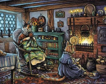 Cozy Cottage Cats Knitting and Reading 8x10 inch print