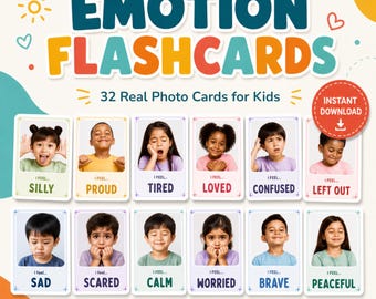 May include: A set of 32 emotion flashcards for children featuring real photos of children expressing various feelings. The cards are labelled with words like Silly, Proud, Tired, Loved, Confused, Left Out, Sad, Scared, Calm, Worried, Brave, and Peaceful.