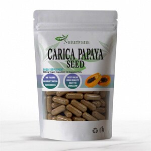 以下が含まれることがあります： Naturivana Carica Papaya Seedと記載された白いスタンドパウチ入りの茶色のカプセル。パッケージには500mg Vegan Capsules、1-2 Capsules Daily、No Fillers、No Heavy Metal、No Binders、Best Valueというテキストが記載されています。