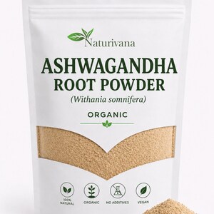 May include: A white stand-up pouch containing beige Ashwagandha root powder. The label features the text Naturivana, ASHWAGANDHA ROOT POWDER, Withania somnifera, and ORGANIC. Icons indicate 100% natural, organic, no additives, and vegan status.