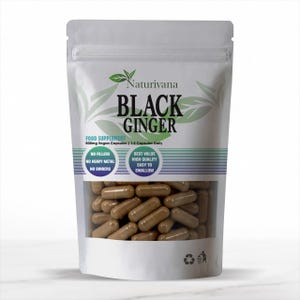 May include: A white stand-up pouch containing brown capsules labeled Naturivana Black Ginger food supplement. The packaging features text including 500mg Vegan Capsules, 1-2 Capsules Daily, No Fillers, No Heavy Metal, No Binders, Best Value, High Quality, and Easy To Swallow.