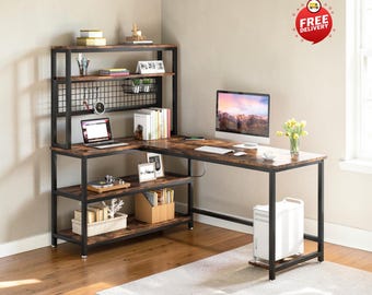55" Reversible L-Shaped Desk with Wireless Charging, Corner Computer Workstation Storage Shelves