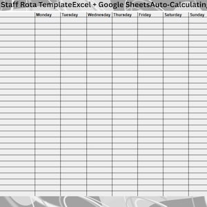 Puede incluir: Una plantilla digital de horario semanal de personal para Excel y Google Sheets con una cuadrícula que incluye columnas para el nombre del personal, los días de la semana de lunes a domingo y el total de horas. El encabezado dice Weekly Staff Rota.