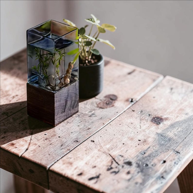 May include: A square glass vase with a dark blue tint sits atop a solid dark wood base. Inside the vase, a small green plant grows in water with light-colored pebbles at the bottom. A small potted plant in a dark gray container is nearby.