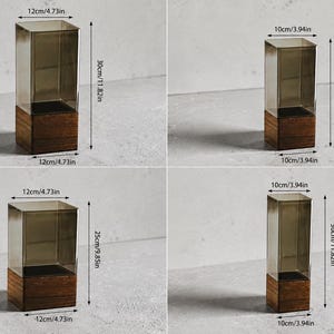 May include: Four rectangular display cases with dark tinted glass tops and wooden bases. Dimensions shown include 12cm/4.73in by 30cm/11.82in, 10cm/3.94in by 25cm/9.85in, 12cm/4.73in by 25cm/9.85in, and 10cm/3.94in by 30cm/11.82in for various sizes.