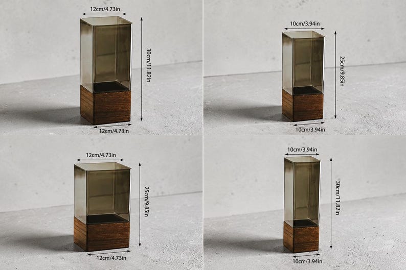 May include: Four rectangular display cases with dark tinted glass tops and wooden bases. Dimensions shown include 12cm/4.73in by 30cm/11.82in, 10cm/3.94in by 25cm/9.85in, 12cm/4.73in by 25cm/9.85in, and 10cm/3.94in by 30cm/11.82in for various sizes.