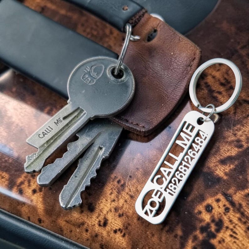Keychain Number Rings Small Personalized Keychain Custom Name and Phone Number Stainless Steel Car ...