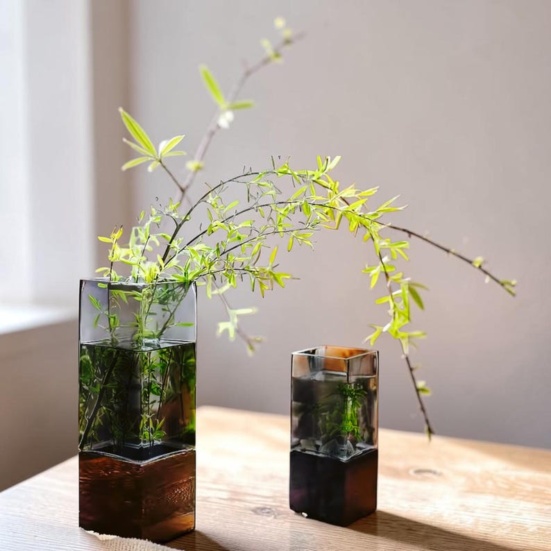 May include: Two square glass vases with a gradient design, transitioning from a clear gray top to a solid dark brown wooden base. The taller vase on the left holds thin, arching branches with small green leaves, while the shorter vase is empty.