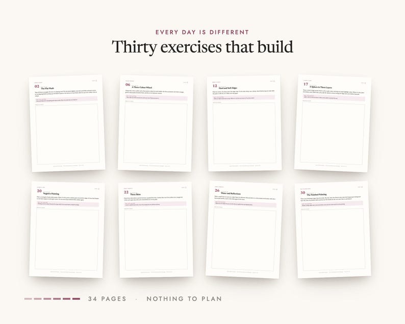 Thirty exercises that build: a spread of pages from the printable