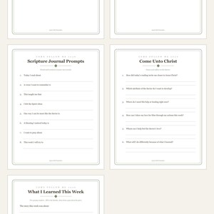 May include: A set of five printable pages titled Come Follow Me 2024, featuring Weekly Scripture Study Questions, Family Discussion Guide, Scripture Journal Prompts, Come Unto Christ reflection questions, and a What I Learned This Week activity sheet.