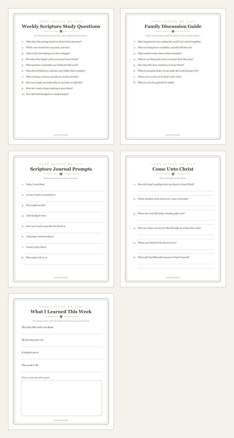 May include: A set of five printable pages titled Come Follow Me 2024, featuring Weekly Scripture Study Questions, Family Discussion Guide, Scripture Journal Prompts, Come Unto Christ reflection questions, and a What I Learned This Week activity sheet.