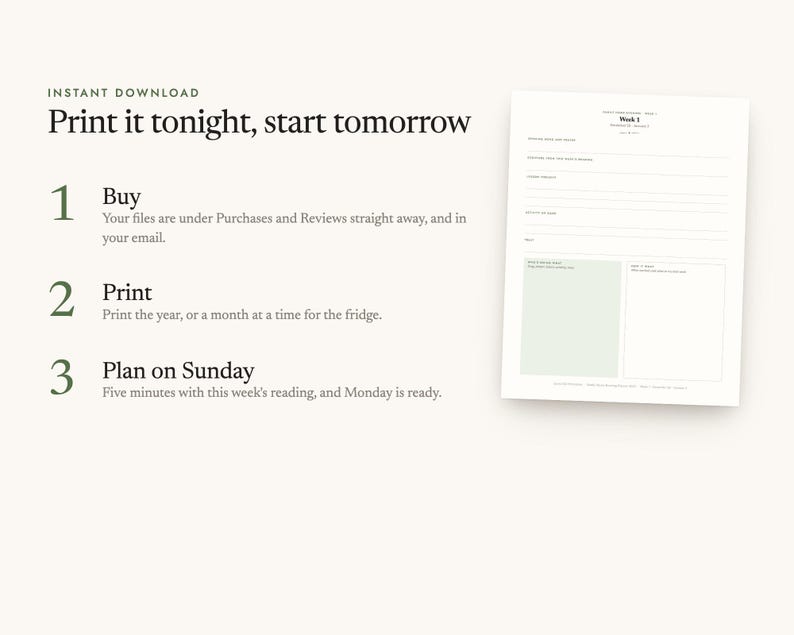 Instant digital download: buy, print at home, start