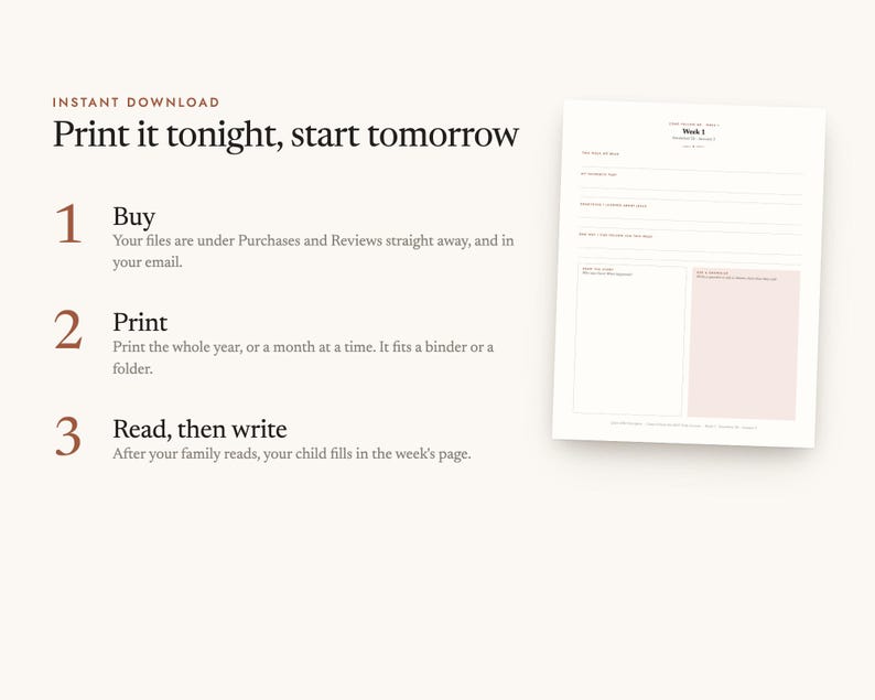 Instant digital download: buy, print at home, start