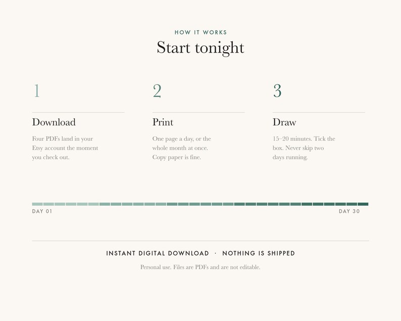 May include: An instructional graphic titled How it works Start tonight. It outlines three steps: 1 Download, 2 Print, and 3 Draw, with brief text for each. A horizontal progress bar labeled Day 01 to Day 30 is included, along with text stating Instant digital download, nothing is shipped, and personal use.