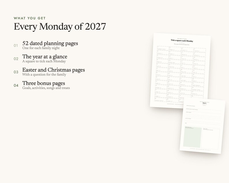 What's included: 52 dated planning pages, The year at a glance, Easter and Christmas pages, Three bonus pages
