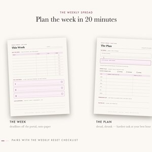 May include: Two off-white planner pages titled The Weekly Spread, Plan the week in 20 minutes. The left page is headed This Week with columns for tasks and three big rocks. The right page is headed The Plan with sections for daily tasks and priorities.