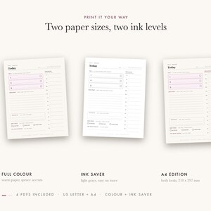 May include: Three daily planner pages with the text Today, featuring sections for tasks, notes, and schedules. The design includes options for full color with spruce accents or ink-saver gray tones. Available in US Letter and A4 sizes, 210 x 297 mm.
