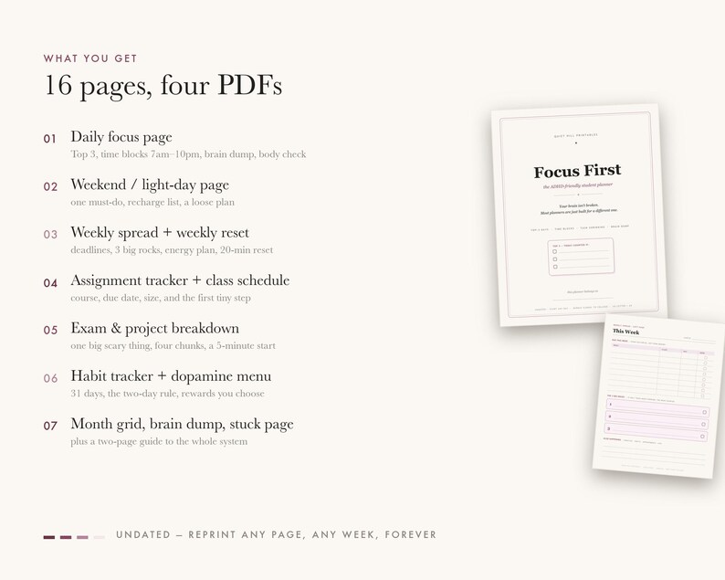 May include: A digital planner set featuring 16 pages across four PDFs. The text lists components including a daily focus page, weekend page, weekly spread, assignment tracker, exam breakdown, habit tracker, and month grid. Two sample pages are shown.