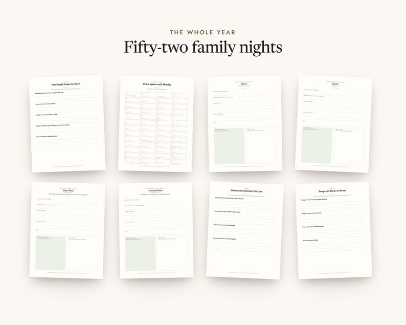 Fifty-two family nights: a spread of pages from the printable
