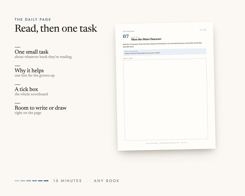Read, then one task: One small task, Why it helps, A tick box, Room to write or draw
