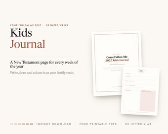 Puede incluir: Un diario infantil imprimible para 2027 con 52 semanas fechadas de páginas del Nuevo Testamento. El texto dice Come Follow Me 2027 Kids Journal, A New Testament page for every week of the year, Write, draw and colour in as your family reads.