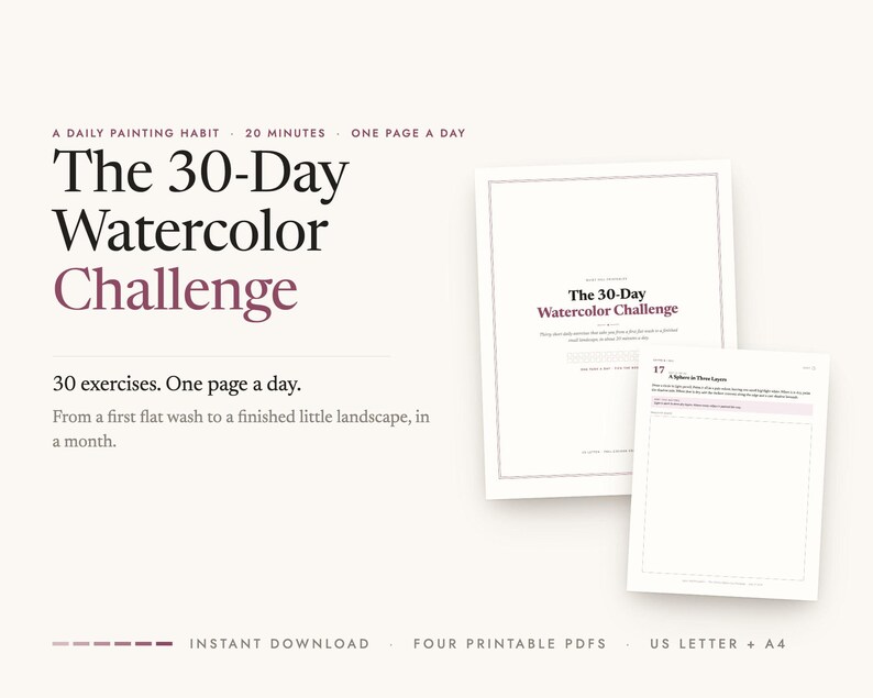 The 30-Day Watercolor Challenge printable — cover and a sample page