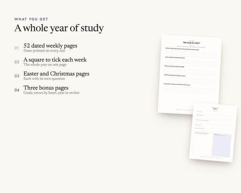 What's included: 52 dated weekly pages, A square to tick each week, Easter and Christmas pages, Three bonus pages