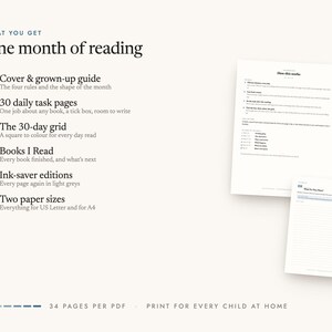 What's included: Cover & grown-up guide, 30 daily task pages, The 30-day grid, Books I Read, Ink-saver editions, Two paper sizes