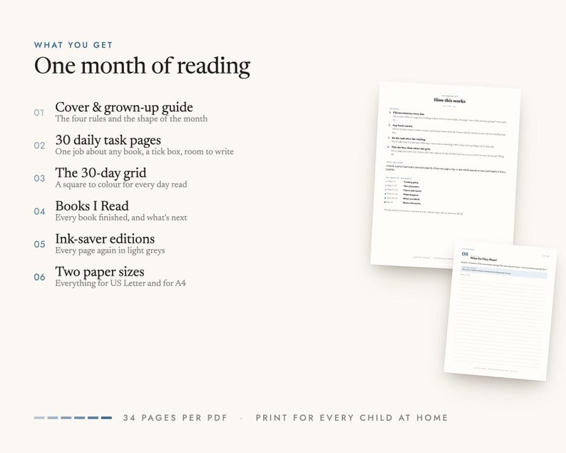 What's included: Cover & grown-up guide, 30 daily task pages, The 30-day grid, Books I Read, Ink-saver editions, Two paper sizes