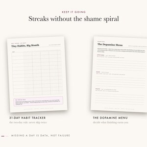 May include: Two off-white printable planner pages. The left page is a 31-day habit tracker titled Tiny Habits, Big Month with a grid and The Two Day Rule text. The right page is titled The Dopamine Menu with sections for Appetizers, Mains, and Treats.