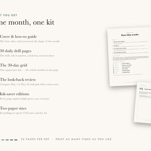May include: A digital kit titled One month, one kit featuring a cover and how-to guide, 30 daily drill pages, a 30-day grid, a look-back review, ink-saver editions, and two paper sizes. Includes two sample pages showing How this works and 05 Circles Without a Compass.