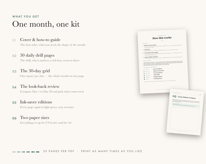 May include: A digital kit titled One month, one kit featuring a cover and how-to guide, 30 daily drill pages, a 30-day grid, a look-back review, ink-saver editions, and two paper sizes. Includes two sample pages showing How this works and 05 Circles Without a Compass.
