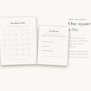 May include: Two white paper sheets featuring black text and grids. The larger sheet is titled One square a day with a thirty-square grid. The smaller sheet is titled The look back and contains four numbered questions with lines for written responses.