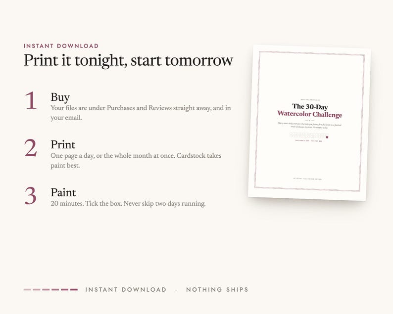 Instant digital download: buy, print at home, start