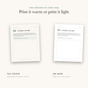 May include: Two versions of a printable page titled 22 One Sphere, One Light. The left version features warm paper tones and spruce green accents. The right version is an ink saver design using light grays. Both pages include text and a blank box.