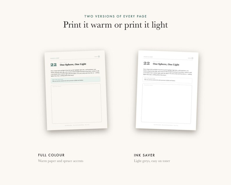 May include: Two versions of a printable page titled 22 One Sphere, One Light. The left version features warm paper tones and spruce green accents. The right version is an ink saver design using light grays. Both pages include text and a blank box.