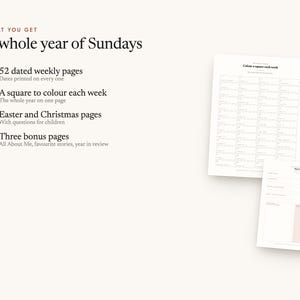 What's included: 52 dated weekly pages, A square to colour each week, Easter and Christmas pages, Three bonus pages