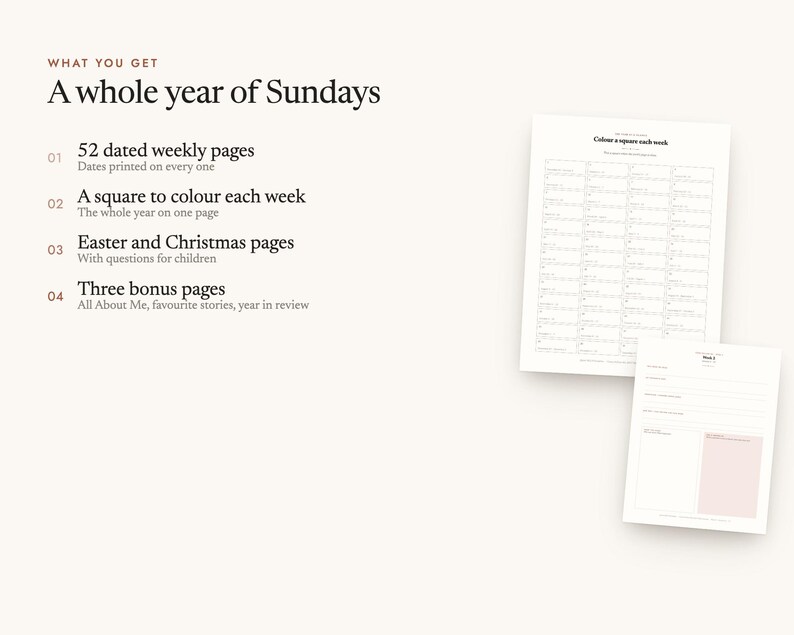 What's included: 52 dated weekly pages, A square to colour each week, Easter and Christmas pages, Three bonus pages