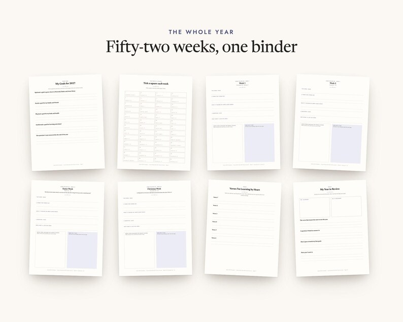 Fifty-two weeks, one binder: a spread of pages from the printable