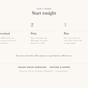 May include: A digital instructional graphic titled How it works Start tonight. It outlines three steps: 1 Download, 2 Print, and 3 Plan, with descriptive text for each. It includes the phrase Your brain isn't broken. Most planners are just built for a different one.