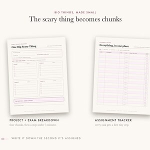 May include: Two off-white printable planner pages featuring black text and light purple accents. The left page is titled One Big Scary Thing with sections for project breakdown. The right page is an assignment tracker with columns for tasks.
