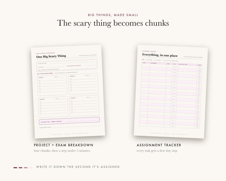 May include: Two off-white printable planner pages featuring black text and light purple accents. The left page is titled One Big Scary Thing with sections for project breakdown. The right page is an assignment tracker with columns for tasks.