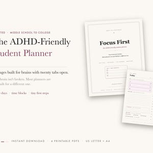 May include: A digital student planner set featuring sixteen pages with undated layouts. The text reads The ADHD-Friendly Student Planner, Focus First, and Today. The design includes sections for top three days, time blocks, and tiny first steps.