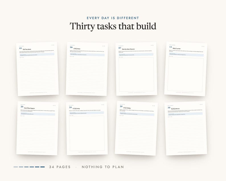 Thirty tasks that build: a spread of pages from the printable