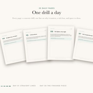 May include: A set of four white daily pages titled One drill a day, featuring numbered exercises from 01 to 27. Each page includes a specific drawing drill, a descriptive line, a tick box, and a blank space for sketching, with dark green text.