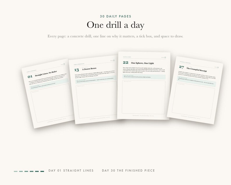 May include: A set of four white daily pages titled One drill a day, featuring numbered exercises from 01 to 27. Each page includes a specific drawing drill, a descriptive line, a tick box, and a blank space for sketching, with dark green text.