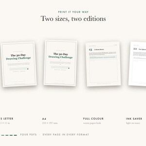 May include: A digital document set titled The 30-Day Drawing Challenge, featuring four PDF files in US Letter 8.5 x 11 in and A4 210 x 297 mm formats. The pages include full color with a warm paper look or ink saver options for light toner usage.