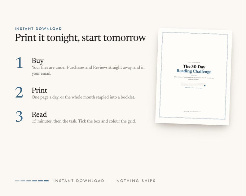Instant digital download: buy, print at home, start