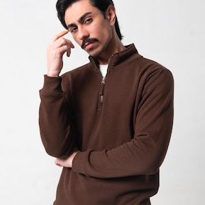 Brown Quarter Zip Sweatshirt Men | Half Zip Stand Collar Pullover | Cotton | S M L XL